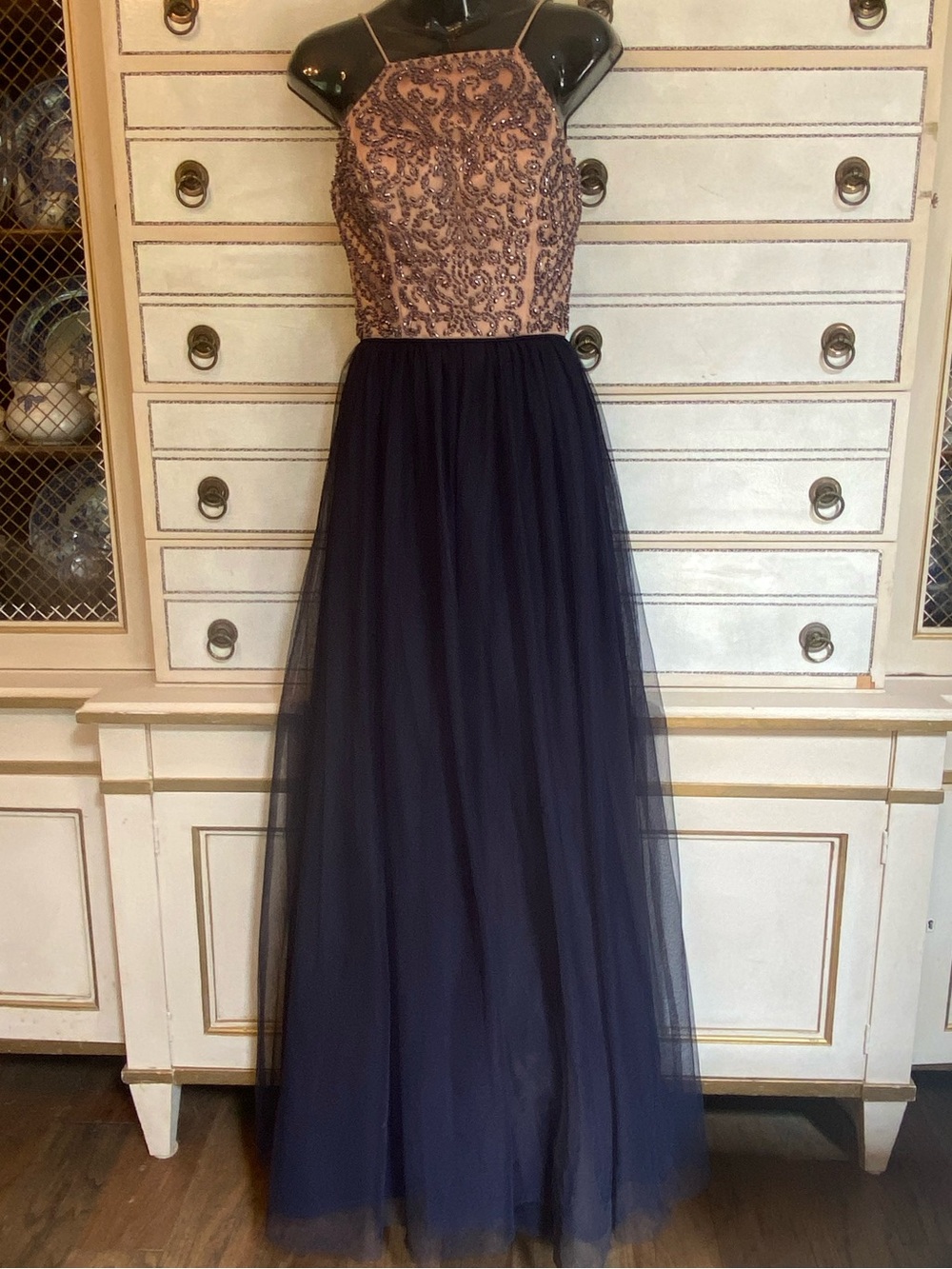 Blondie Nites Women Geometric Embellished Tulle Evening Gown Size 3